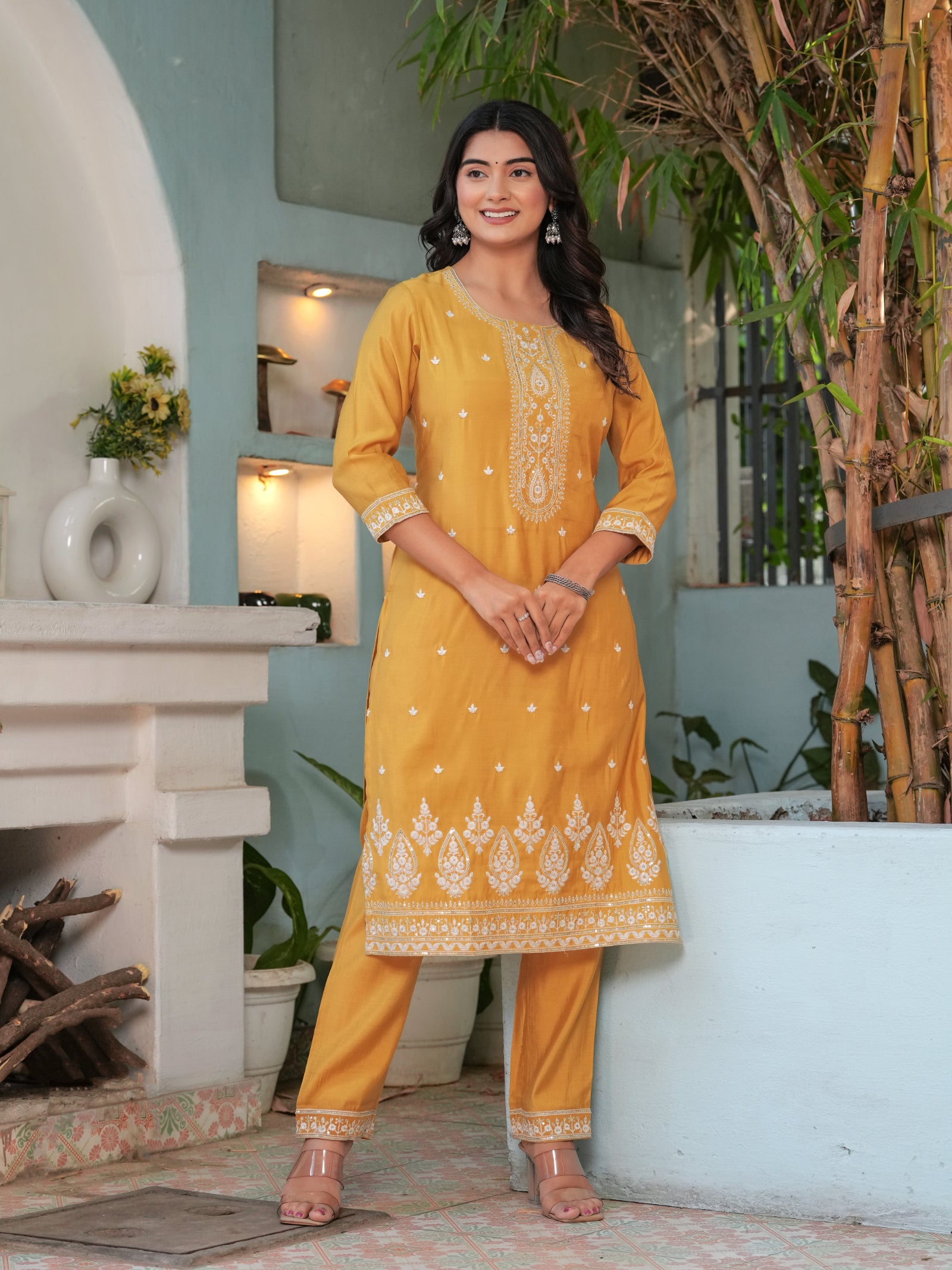 Maluka Women’s Mustard & Pink Roman Silk Kurta Set with Dupatta