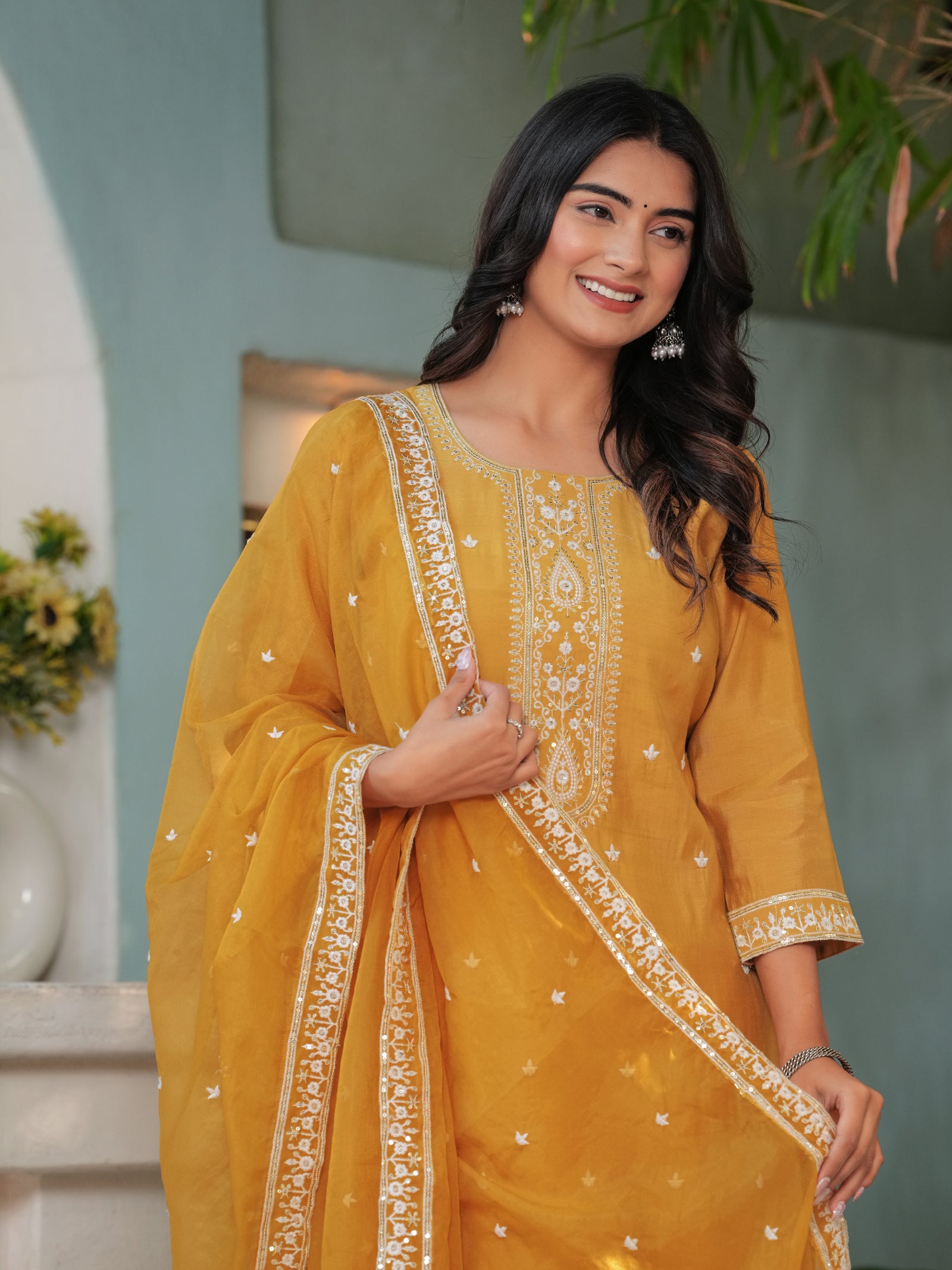 Maluka Women’s Mustard & Pink Roman Silk Kurta Set with Dupatta