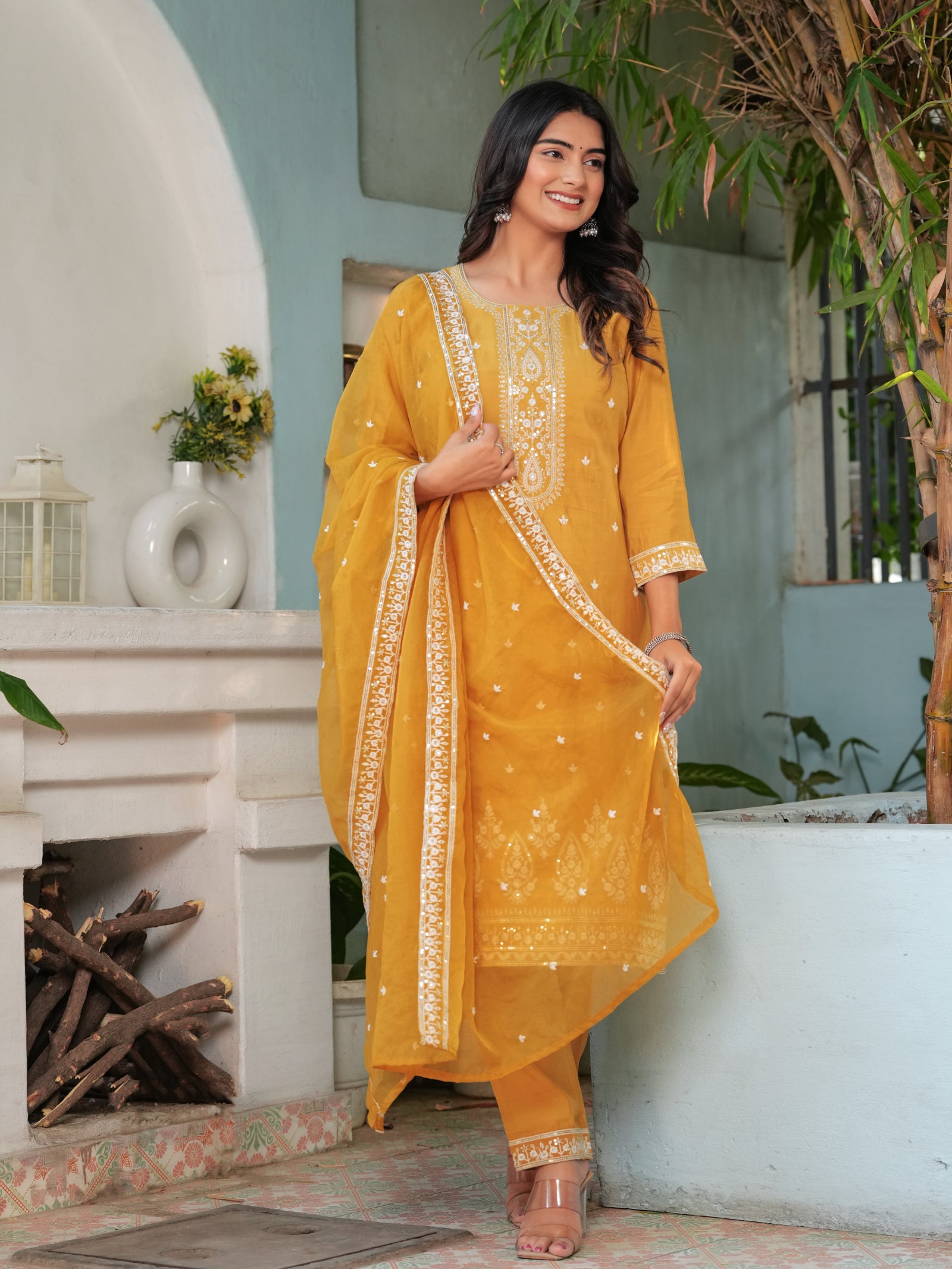 Maluka Women’s Mustard & Pink Roman Silk Kurta Set with Dupatta