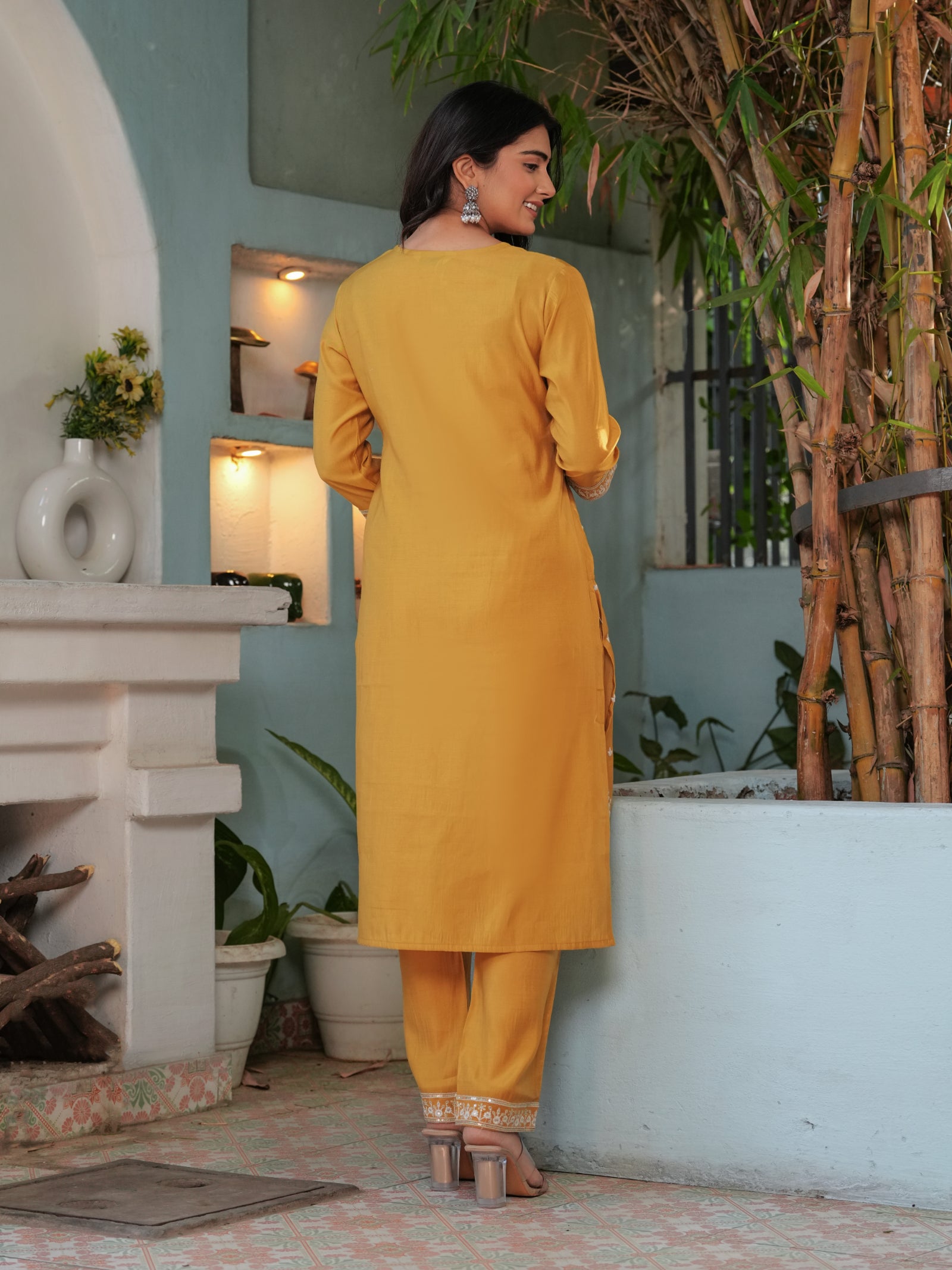 Maluka Women’s Mustard & Pink Roman Silk Kurta Set with Dupatta