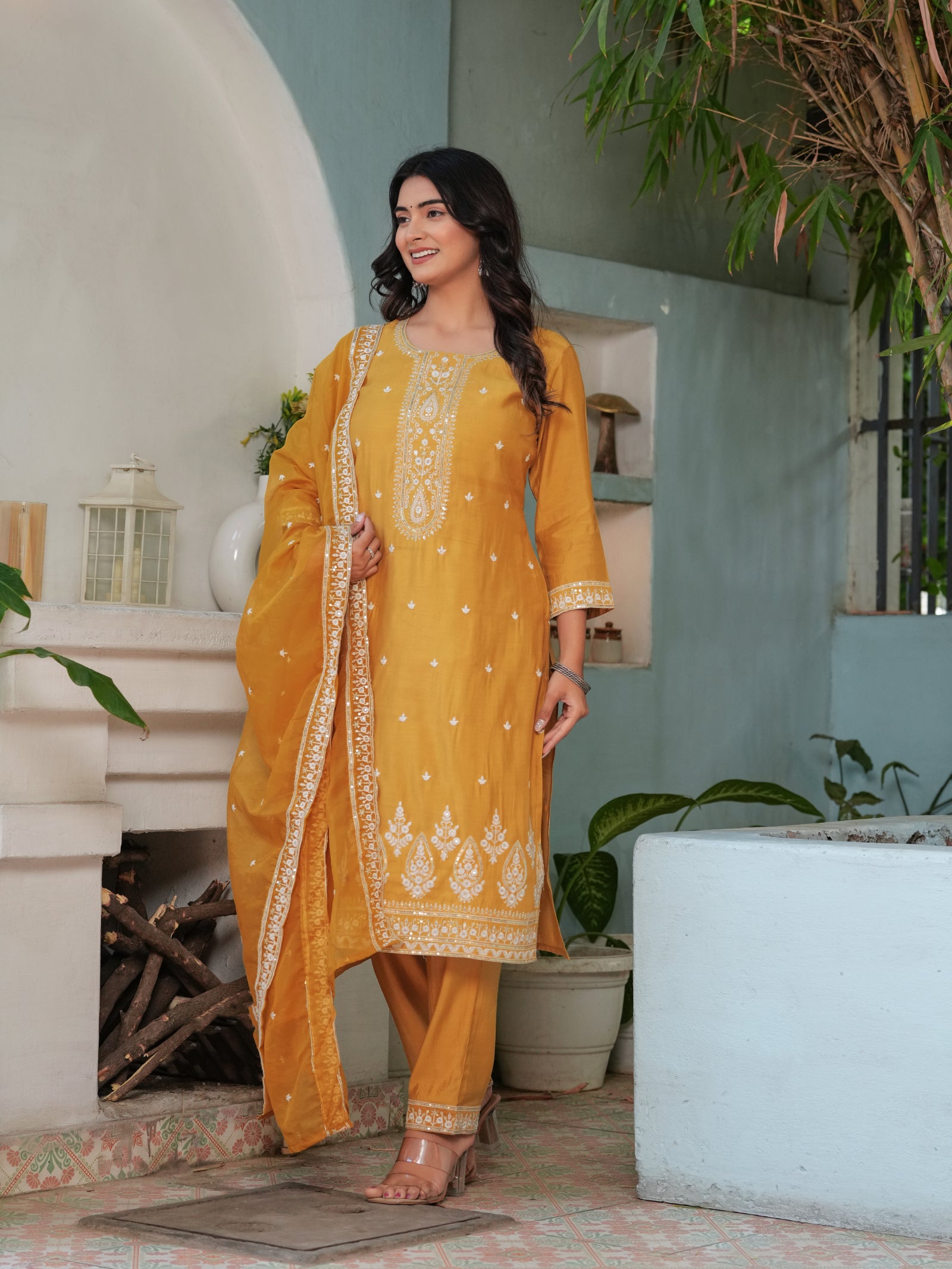 Maluka Women’s Mustard & Pink Roman Silk Kurta Set with Dupatta