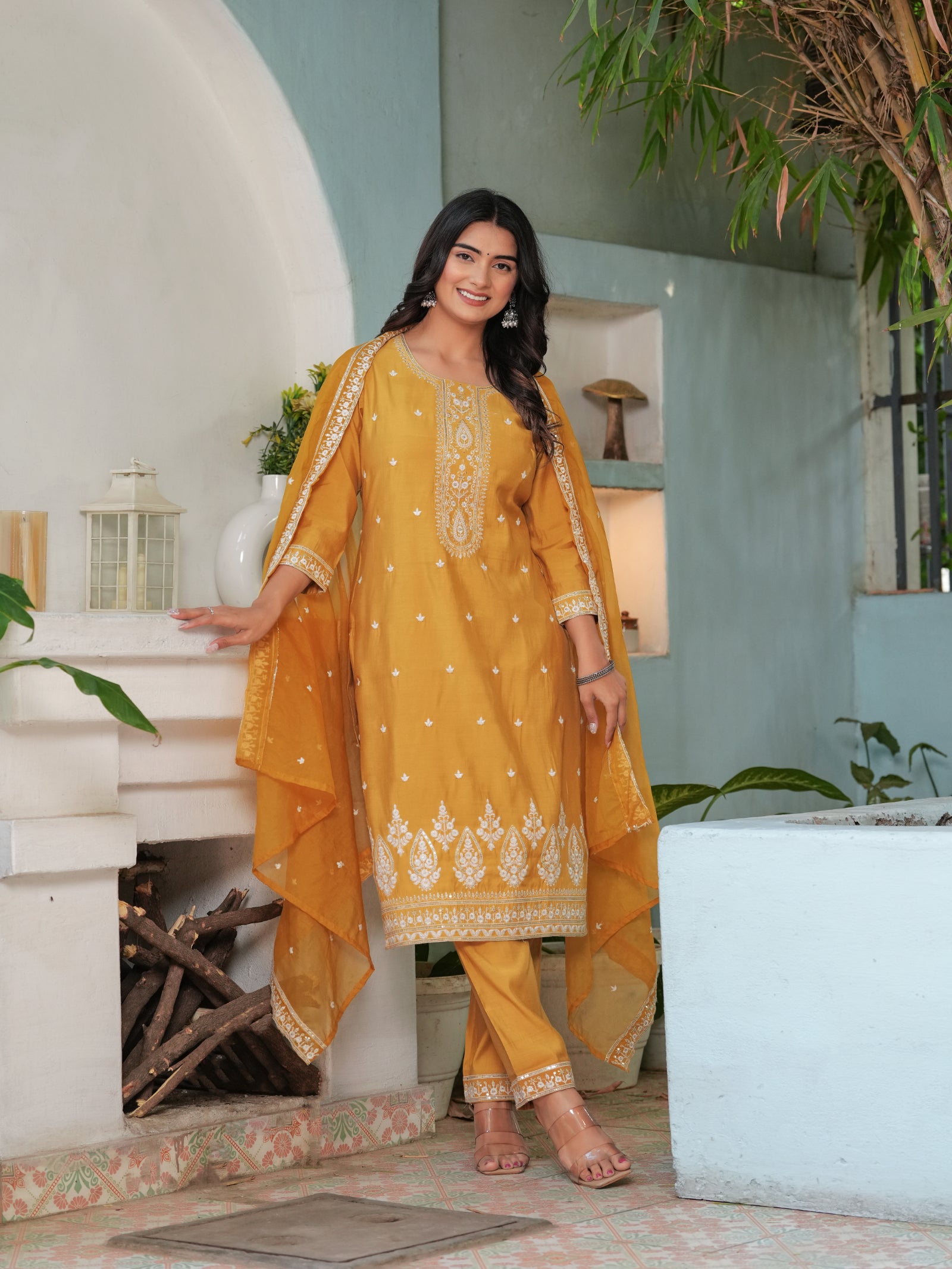 Maluka Women’s Mustard & Pink Roman Silk Kurta Set with Dupatta