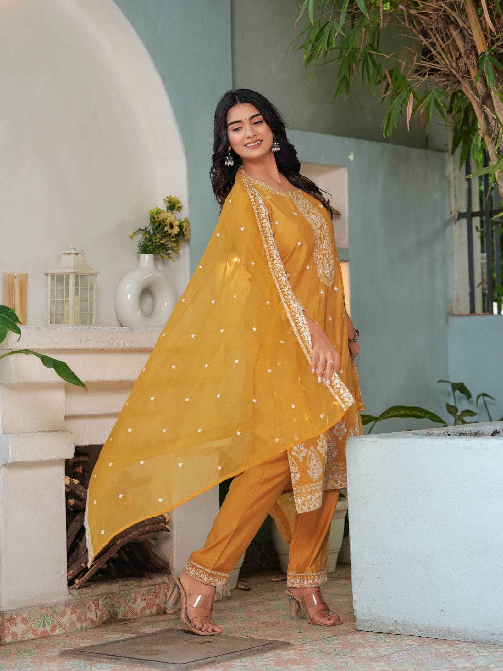 Maluka Women’s Mustard & Pink Roman Silk Kurta Set with Dupatta