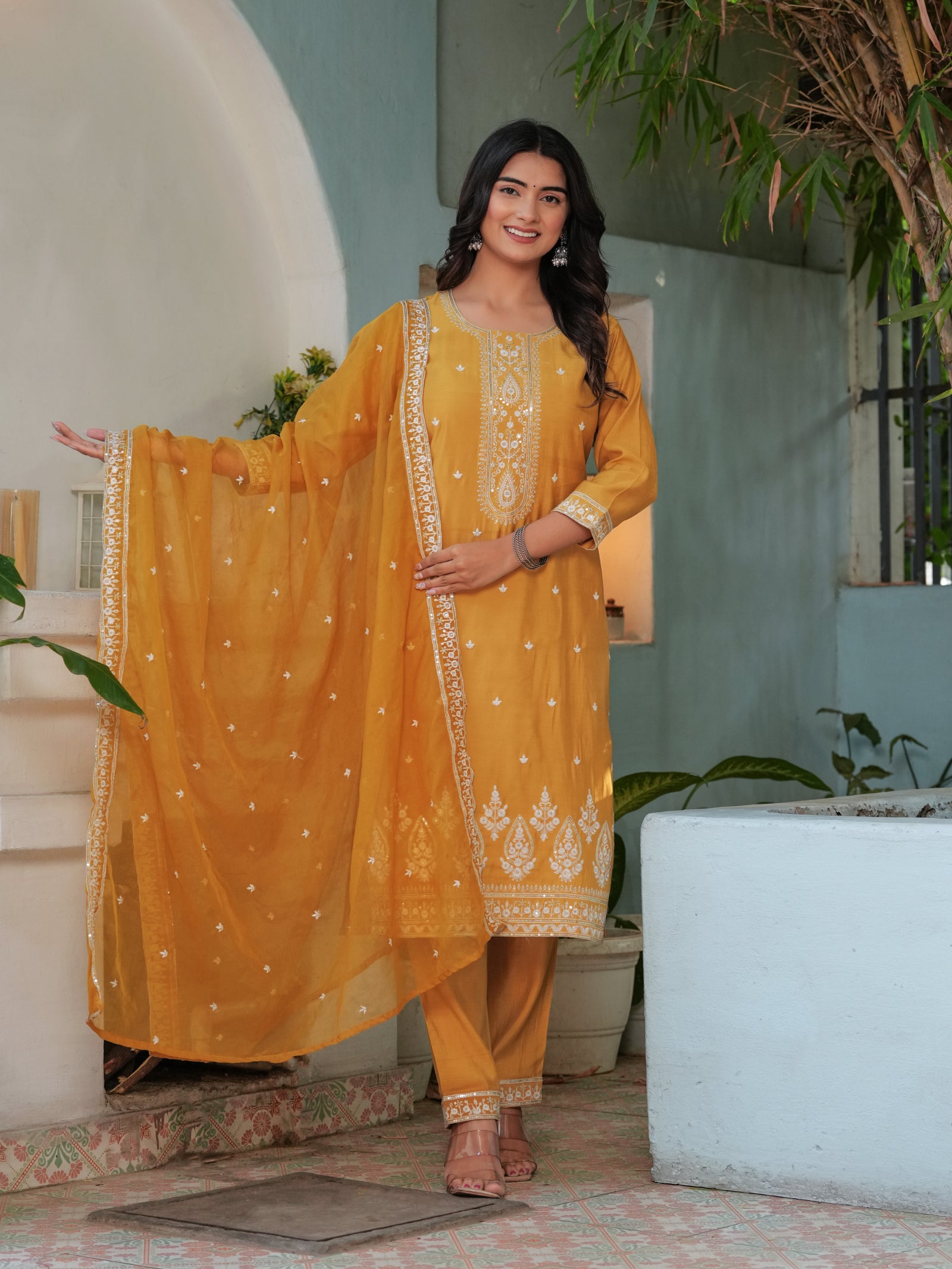 Maluka Women’s Mustard & Pink Roman Silk Kurta Set with Dupatta