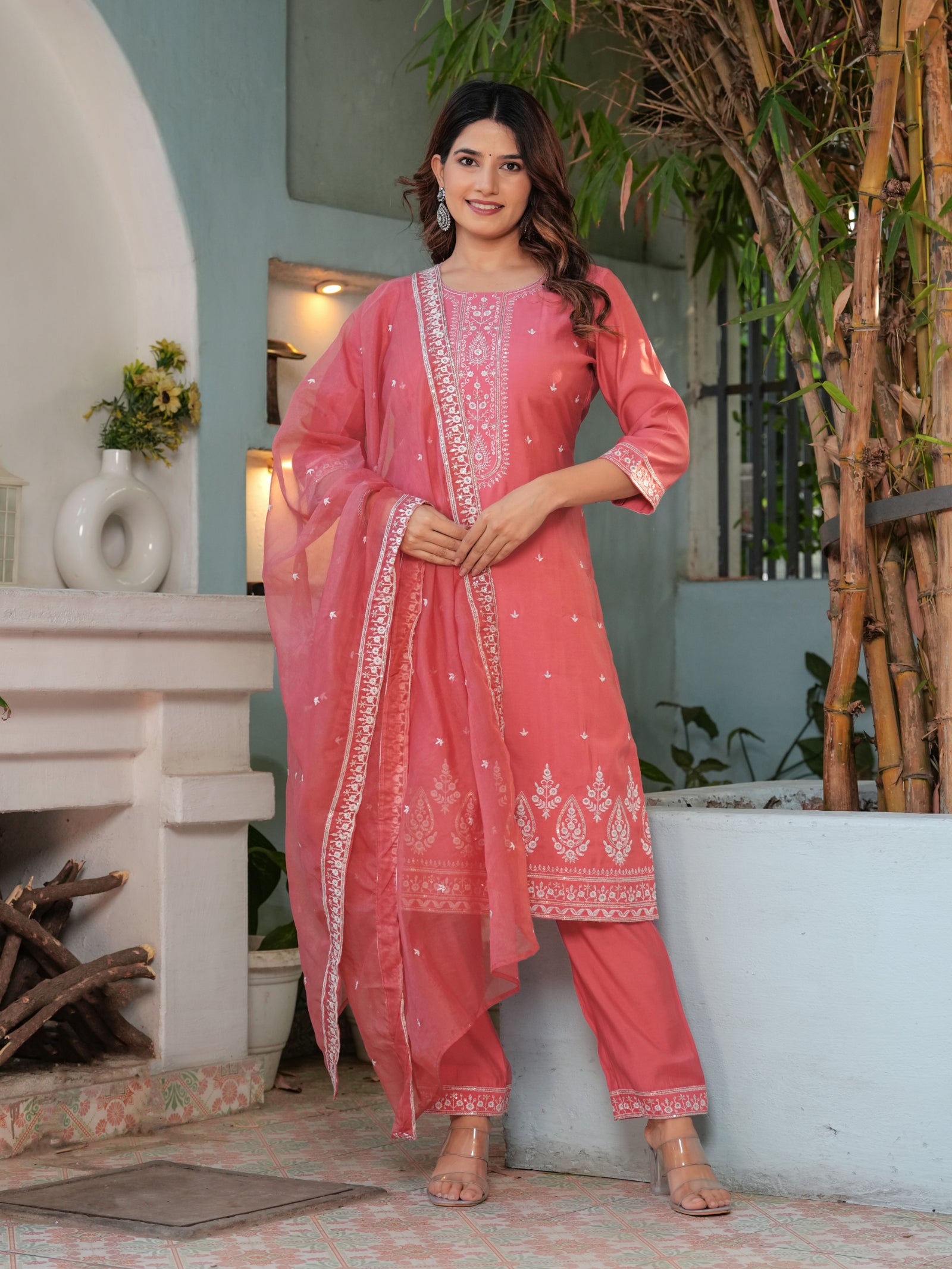 Maluka Women’s Mustard & Pink Roman Silk Kurta Set with Dupatta