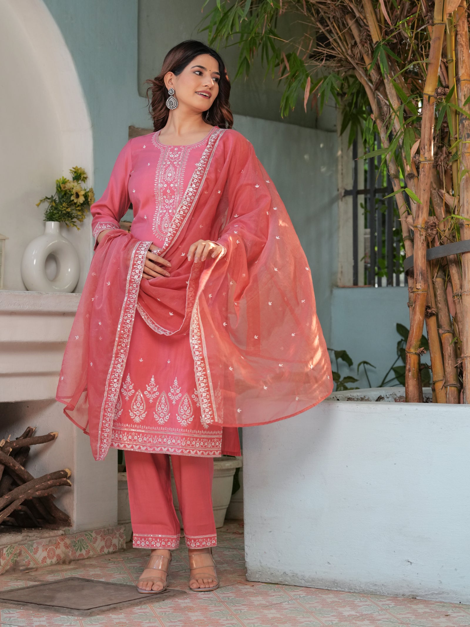 Maluka Women’s Mustard & Pink Roman Silk Kurta Set with Dupatta