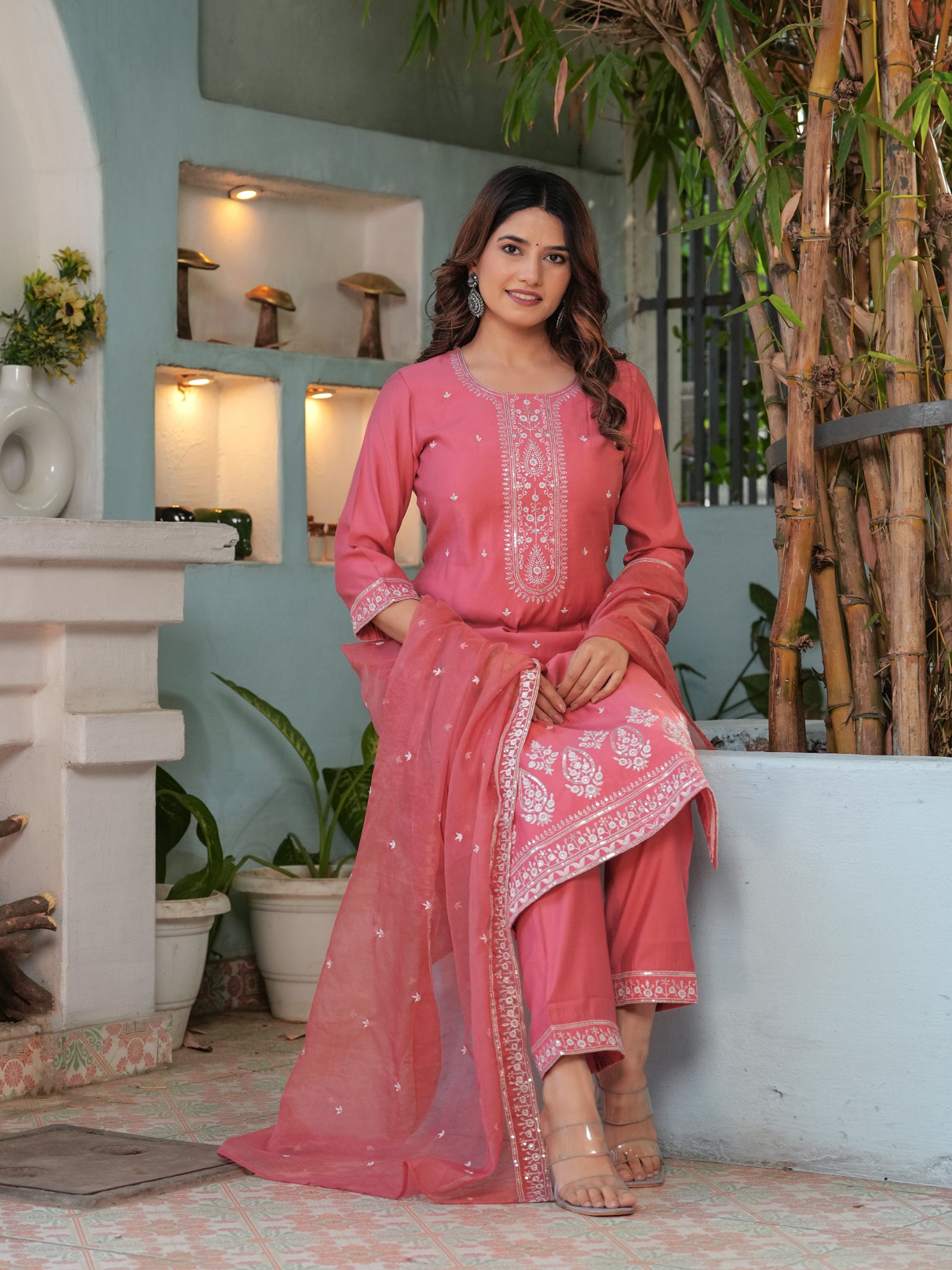 Maluka Women’s Mustard & Pink Roman Silk Kurta Set with Dupatta