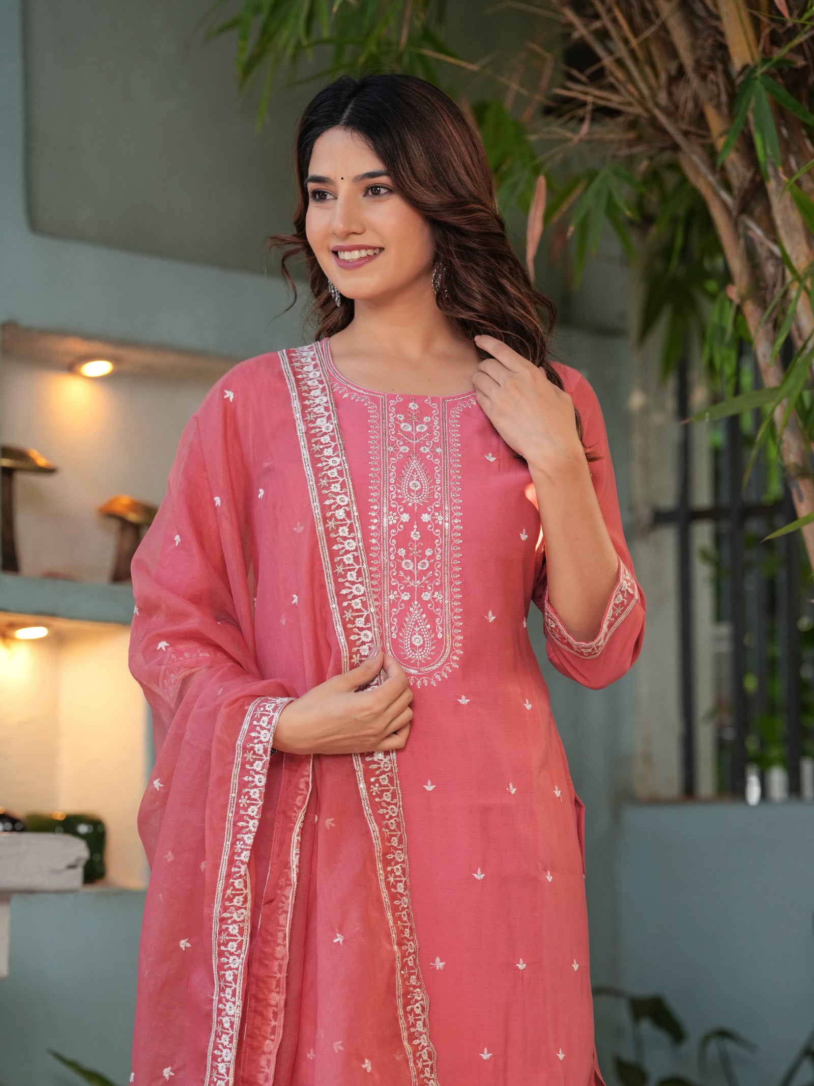 Maluka Women’s Mustard & Pink Roman Silk Kurta Set with Dupatta