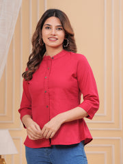 Maluka Women’s Red, Dark Green & Maroon Front Slit Cotton Top