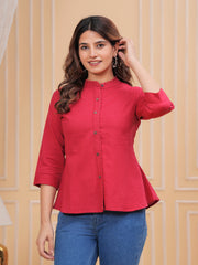 Maluka Women’s Red, Dark Green & Maroon Front Slit Cotton Top