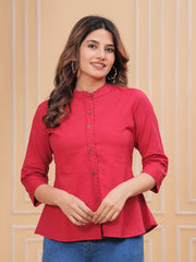 Maluka Women’s Red, Dark Green & Maroon Front Slit Cotton Top