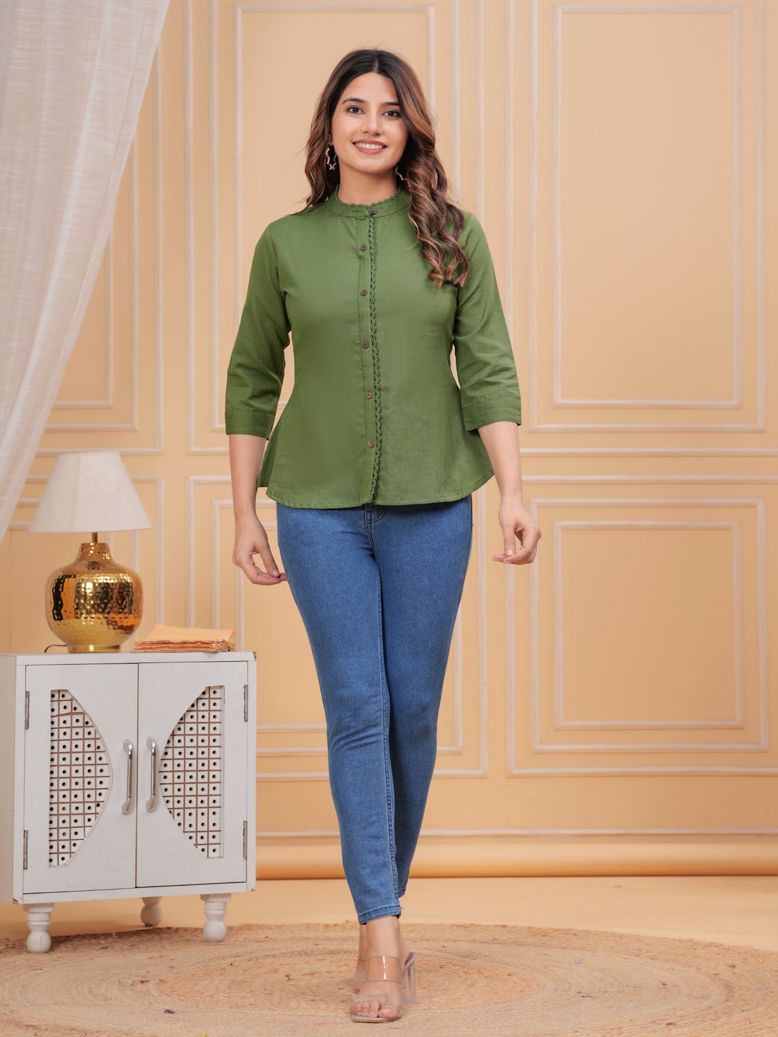 Maluka Women’s Red, Dark Green & Maroon Front Slit Cotton Top