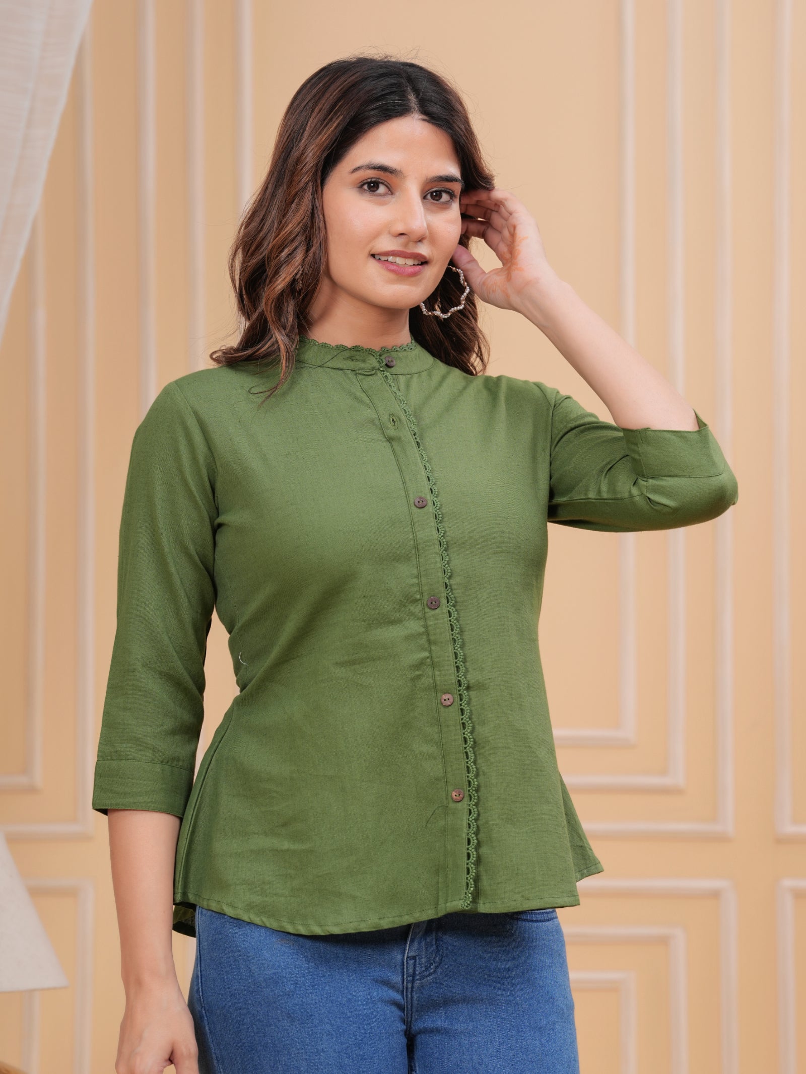 Maluka Women’s Red, Dark Green & Maroon Front Slit Cotton Top