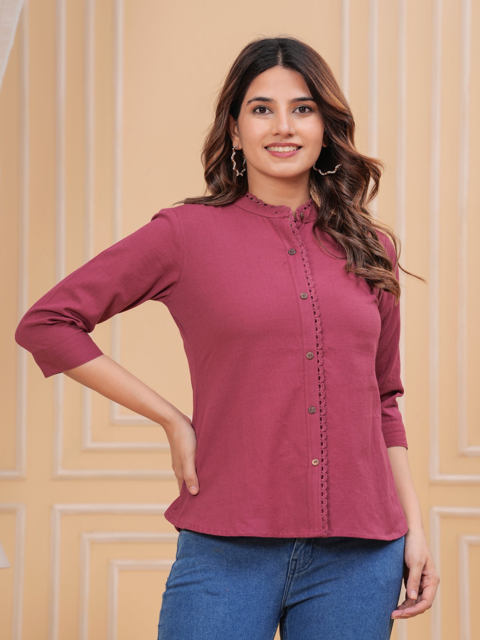 Maluka Women’s Red, Dark Green & Maroon Front Slit Cotton Top