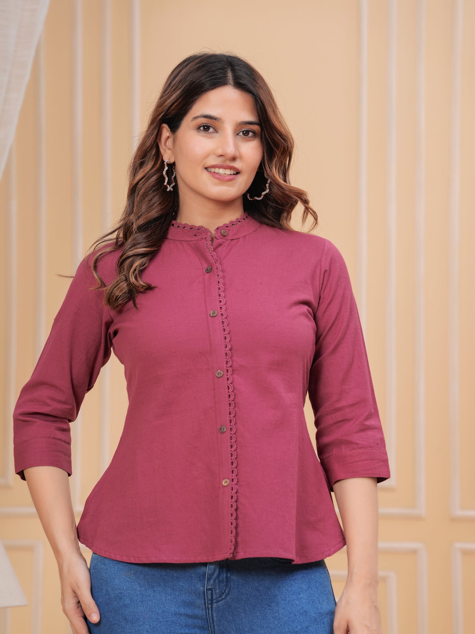 Maluka Women’s Red, Dark Green & Maroon Front Slit Cotton Top