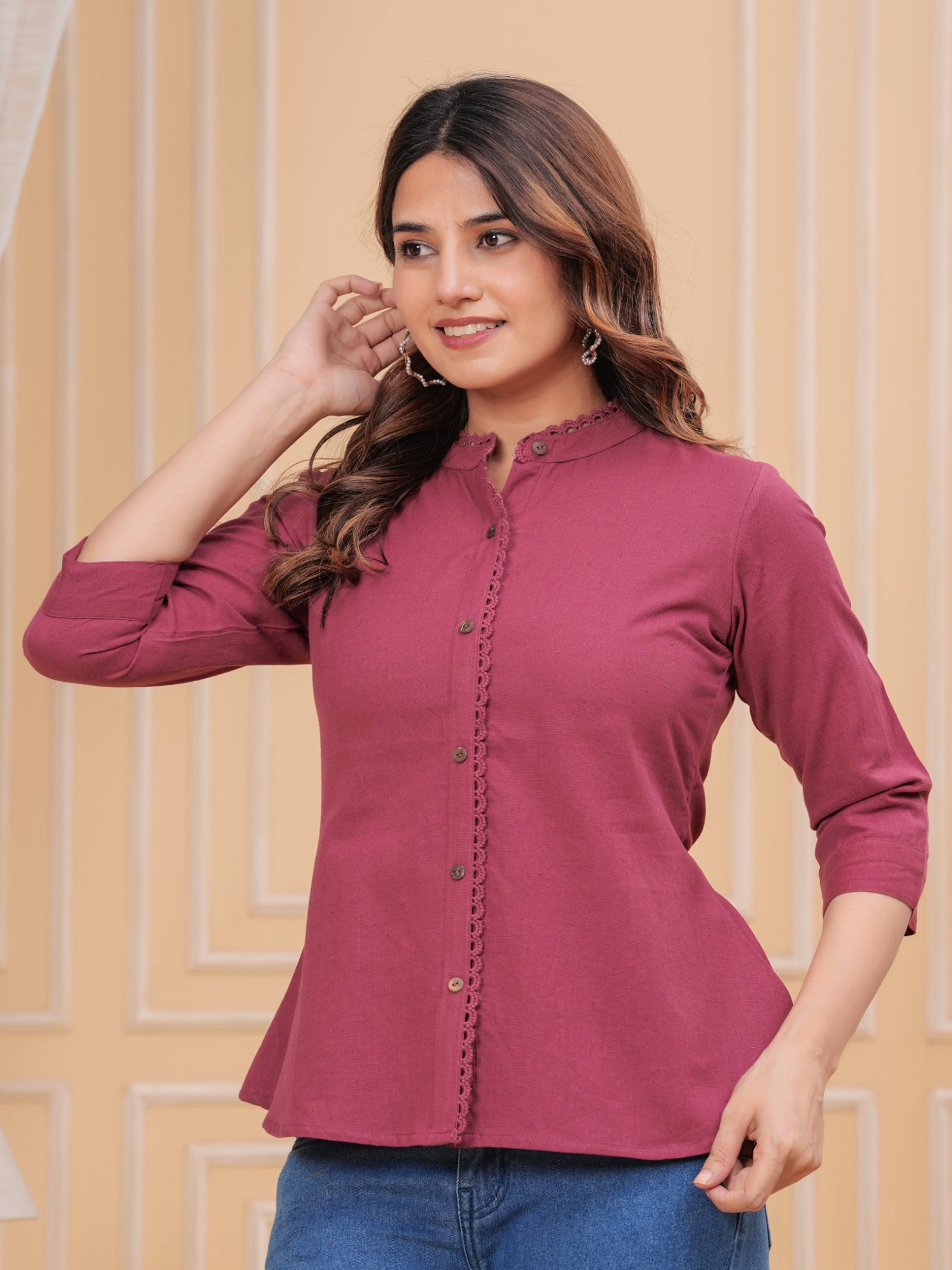 Maluka Women’s Red, Dark Green & Maroon Front Slit Cotton Top