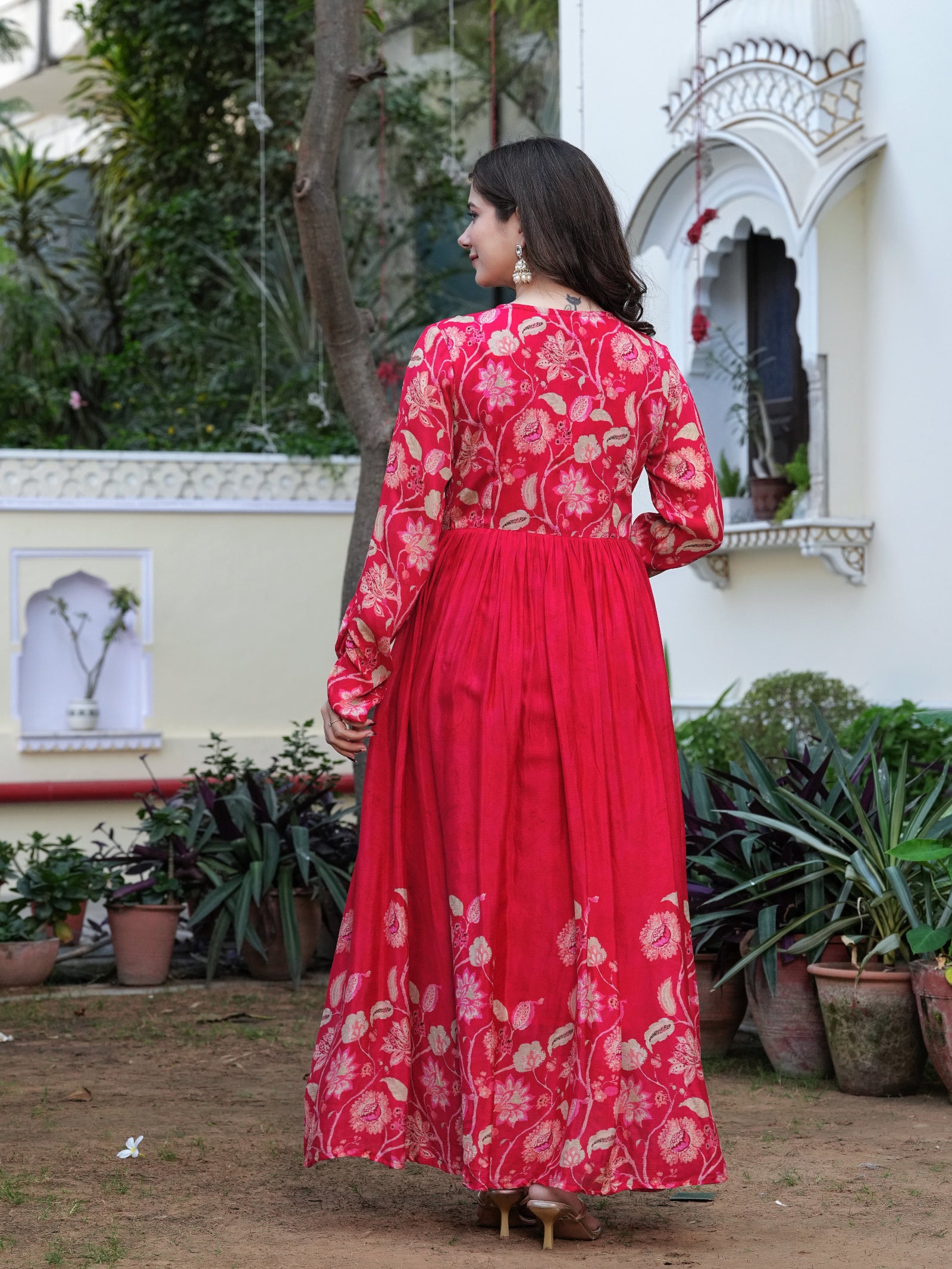 Maluka Women Red Chinon Floral PrintedGown With Dupatta Set