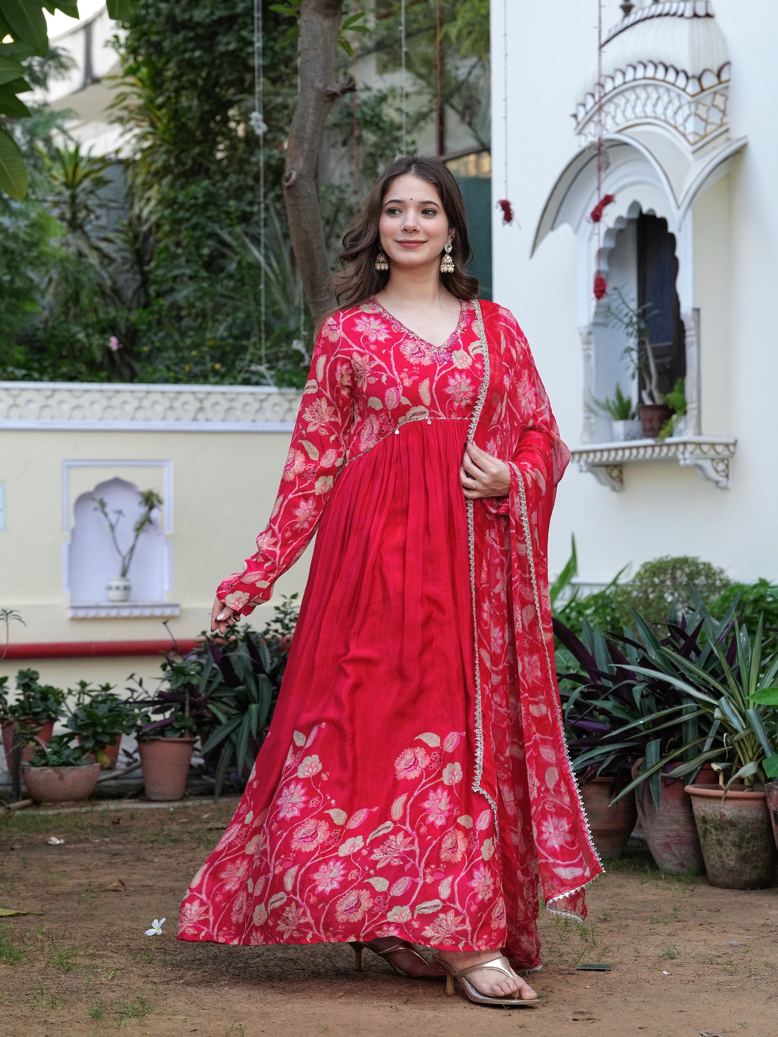 Maluka Women Red Chinon Floral PrintedGown With Dupatta Set