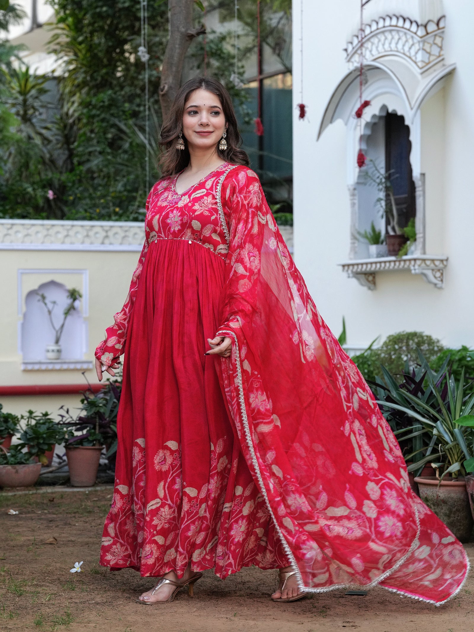 Maluka Women Red Chinon Floral PrintedGown With Dupatta Set