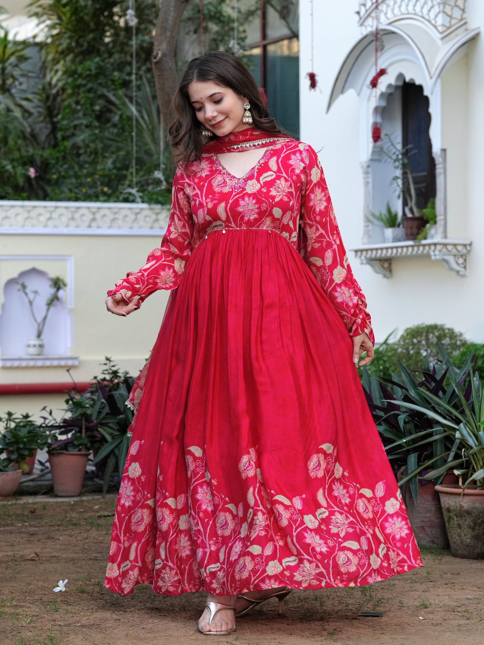 Maluka Women Red Chinon Floral PrintedGown With Dupatta Set