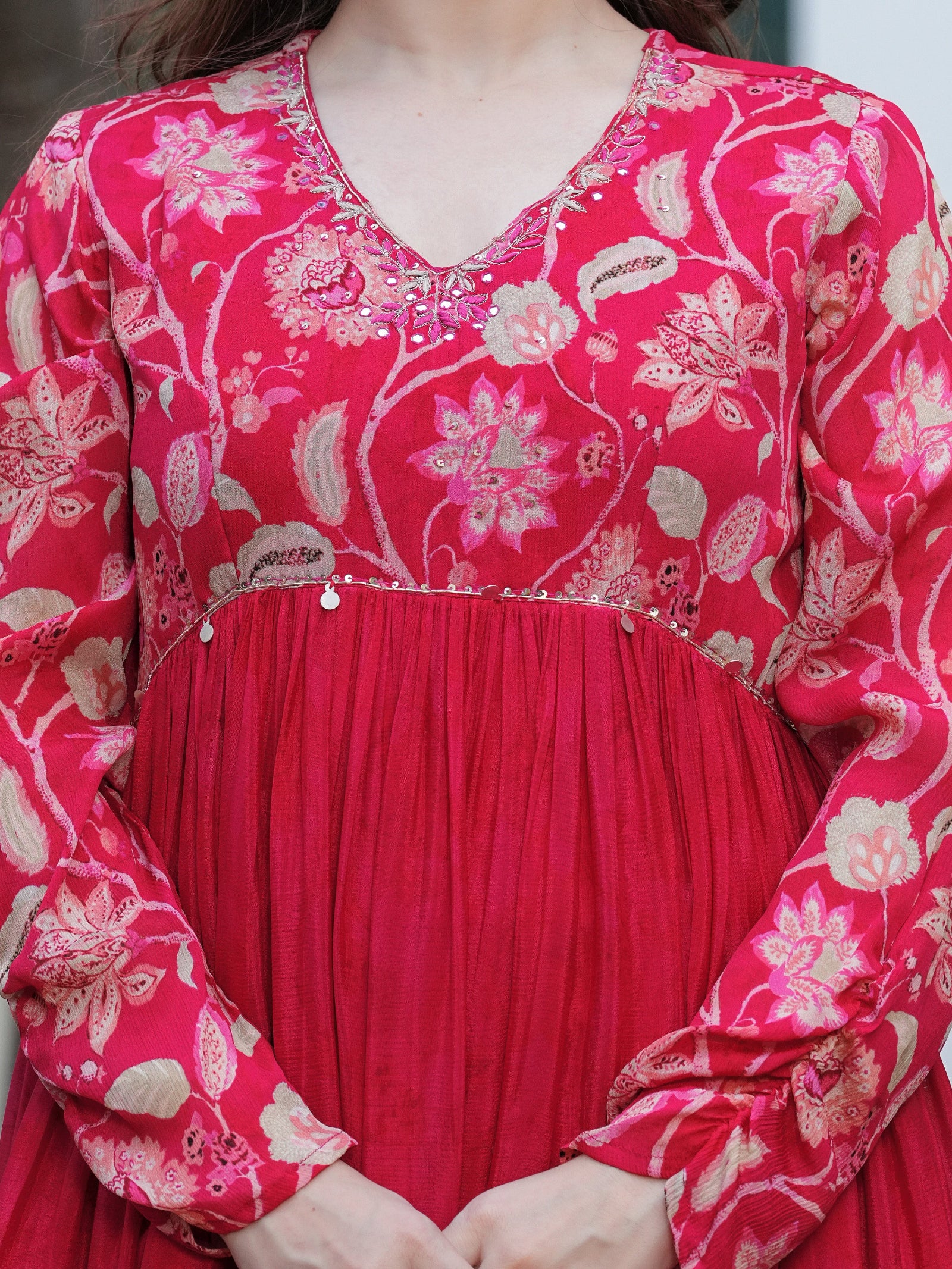 Maluka Women Red Chinon Floral PrintedGown With Dupatta Set