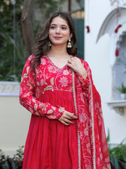 Maluka Women Red Chinon Floral PrintedGown With Dupatta Set