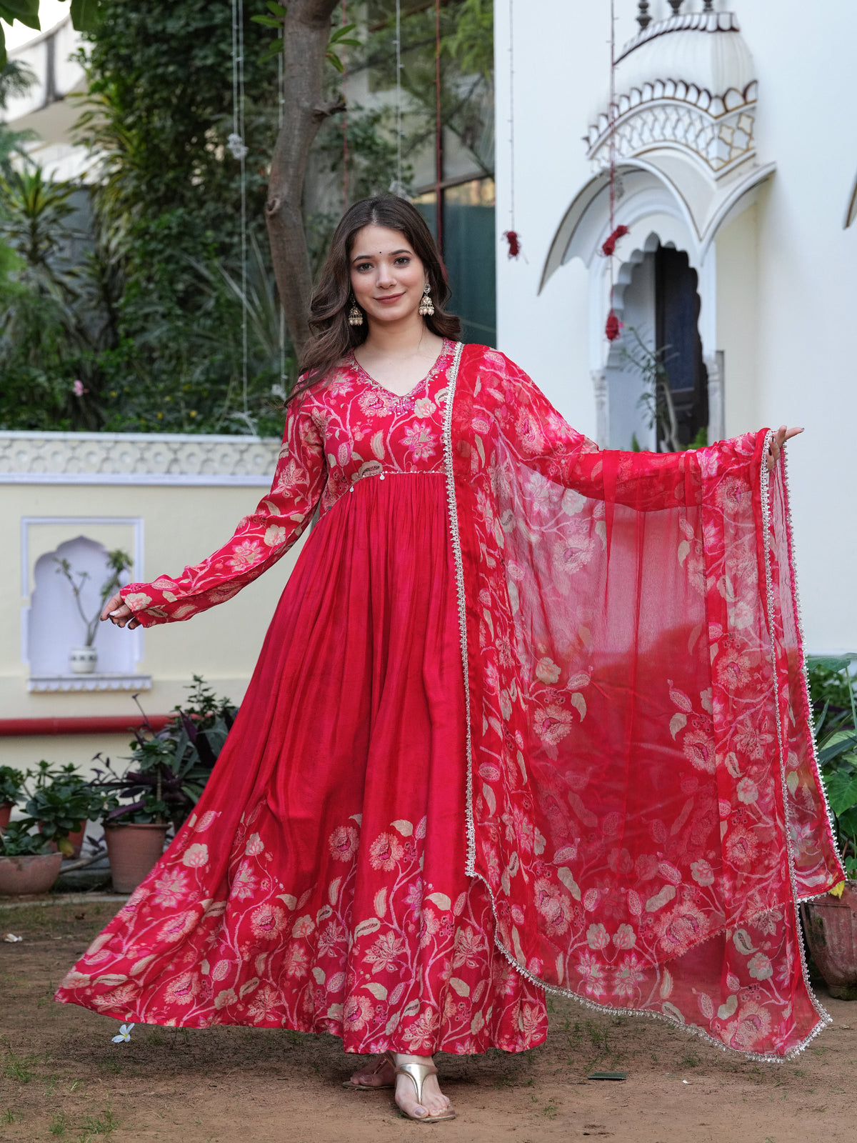 Maluka Women Red Chinon Floral PrintedGown With Dupatta Set