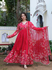 Maluka Women Red Chinon Floral PrintedGown With Dupatta Set