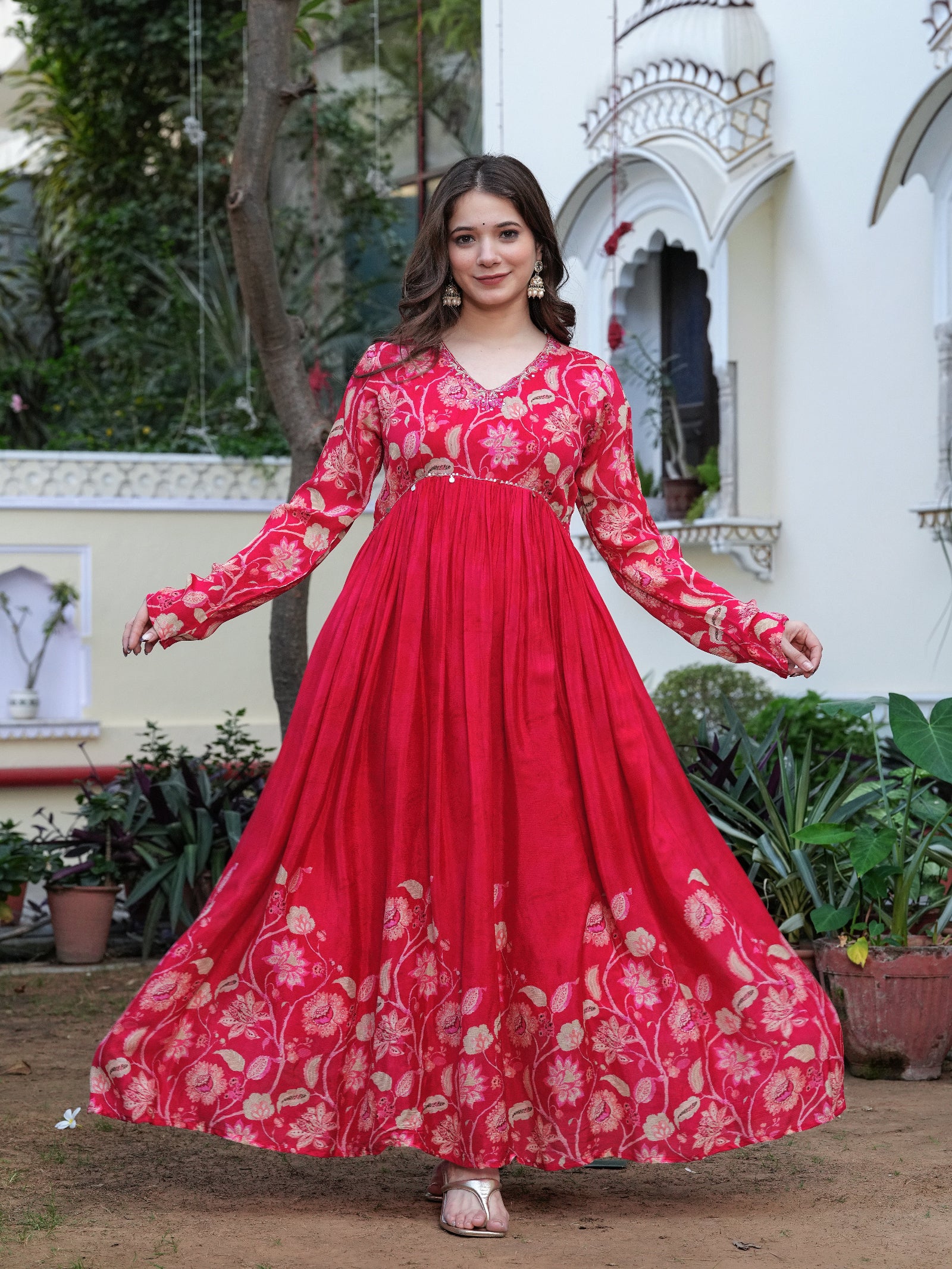 Maluka Women Red Chinon Floral PrintedGown With Dupatta Set