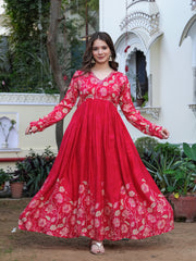 Maluka Women Red Chinon Floral PrintedGown With Dupatta Set
