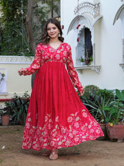 Maluka Women Red Chinon Floral PrintedGown With Dupatta Set