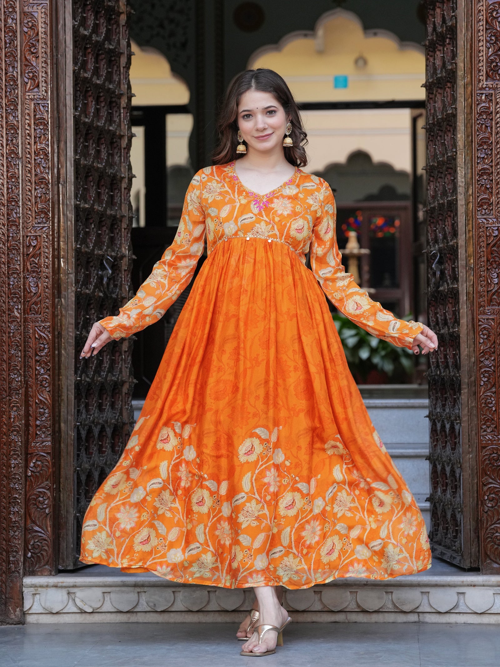 Maluka Women Orange Chinon Floral PrintedGown With Dupatta Set
