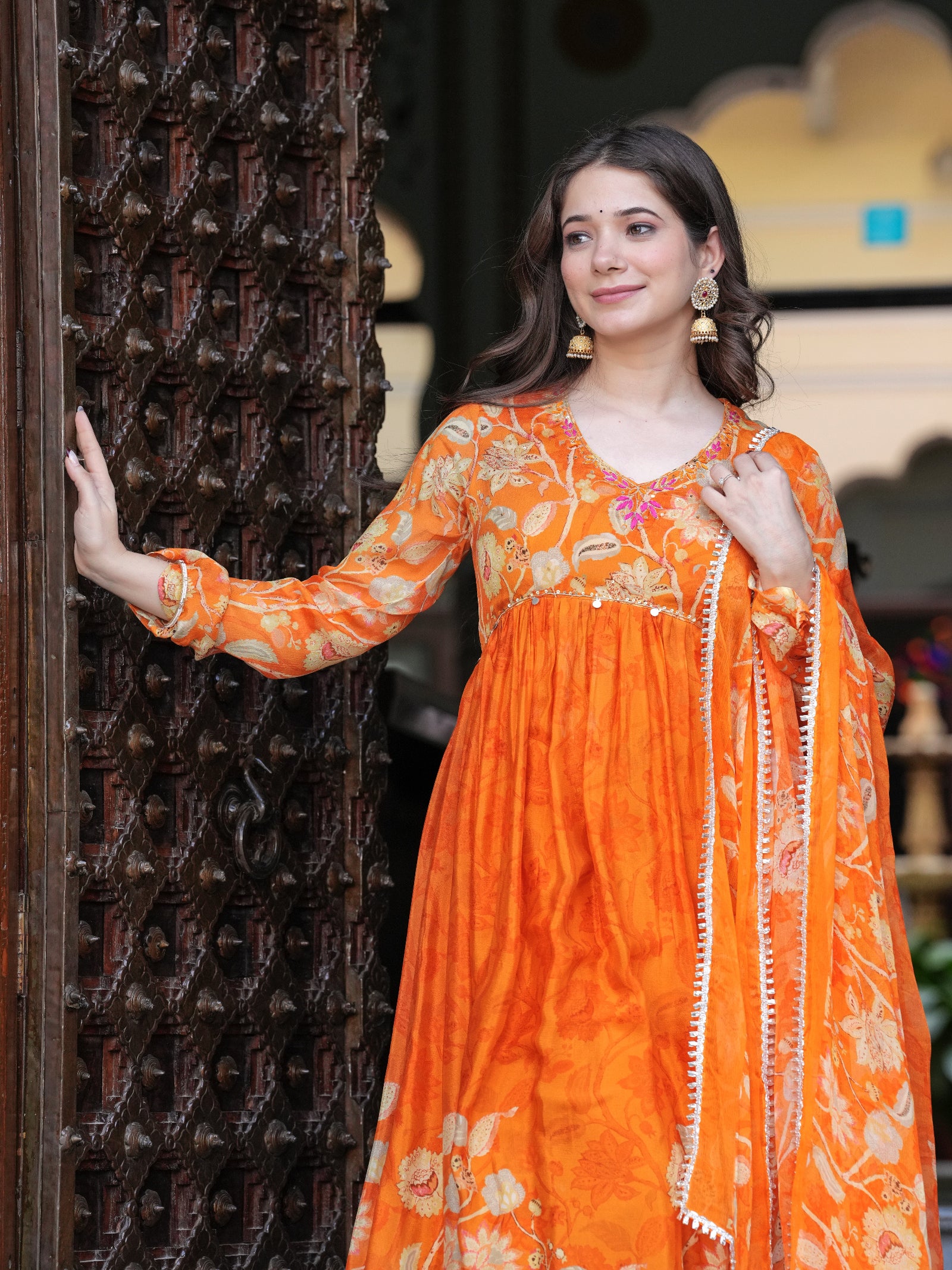 Maluka Women Orange Chinon Floral PrintedGown With Dupatta Set