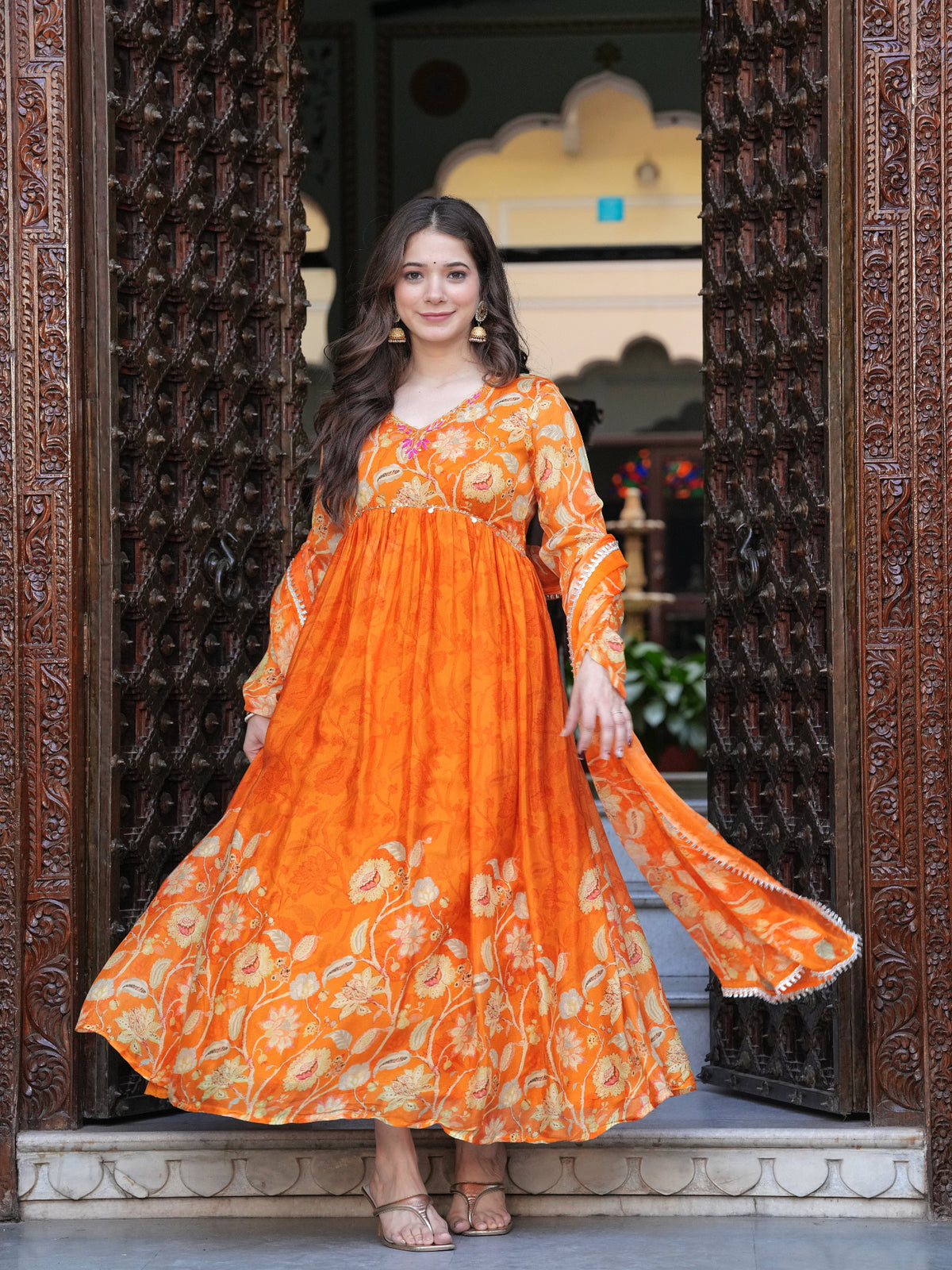 Maluka Women Orange Chinon Floral PrintedGown With Dupatta Set