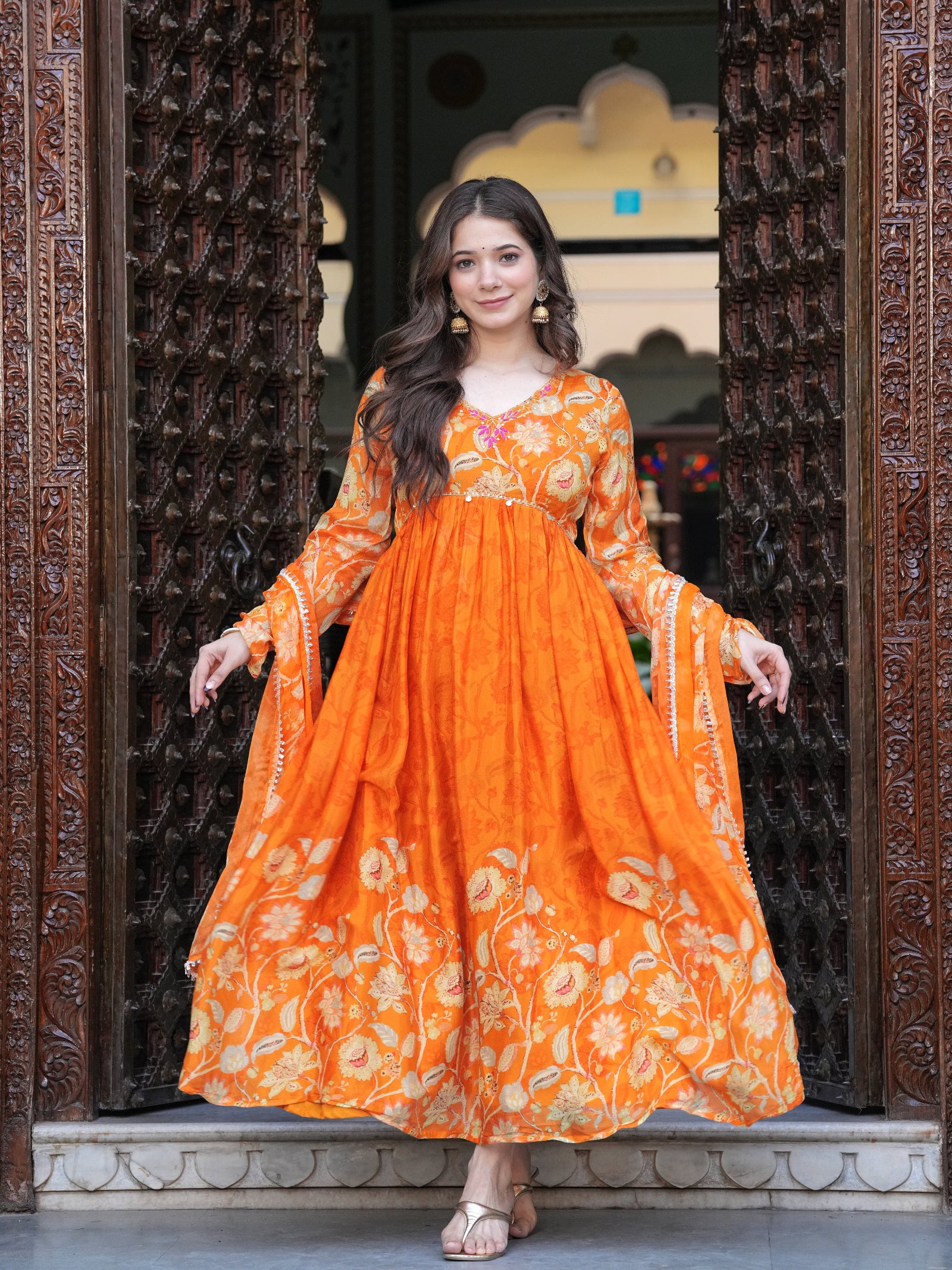 Maluka Women Orange Chinon Floral PrintedGown With Dupatta Set