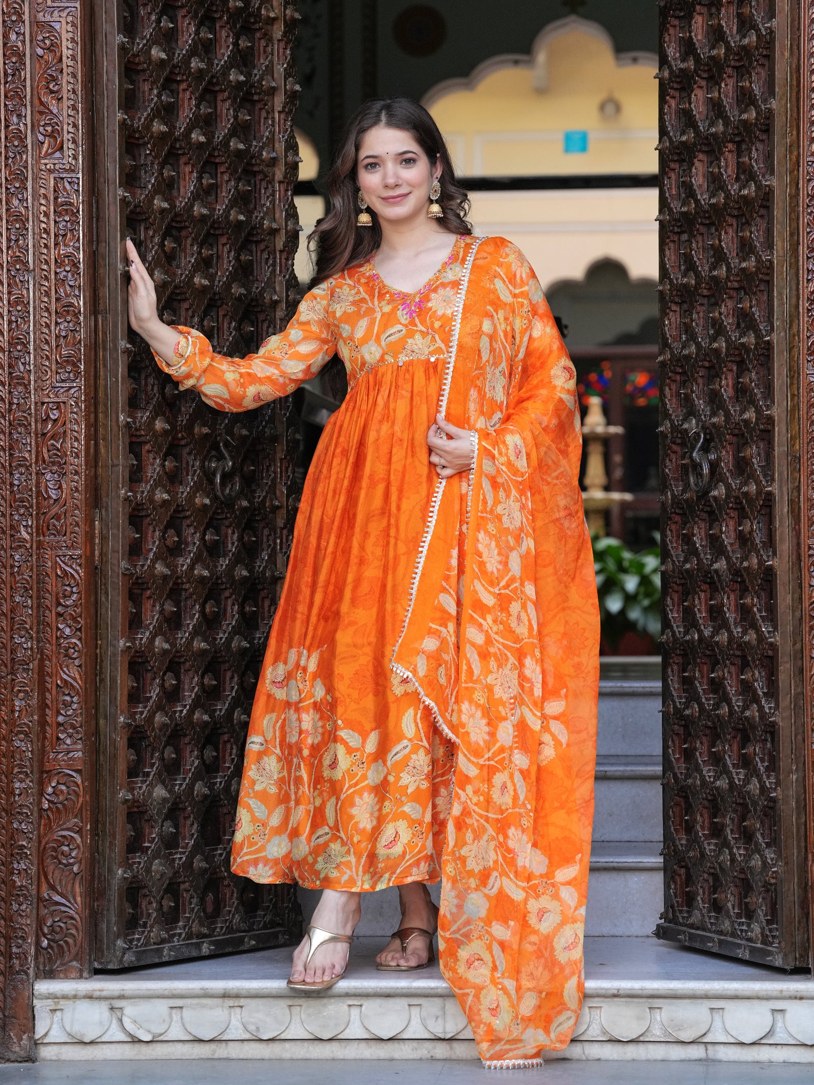 Maluka Women Orange Chinon Floral PrintedGown With Dupatta Set