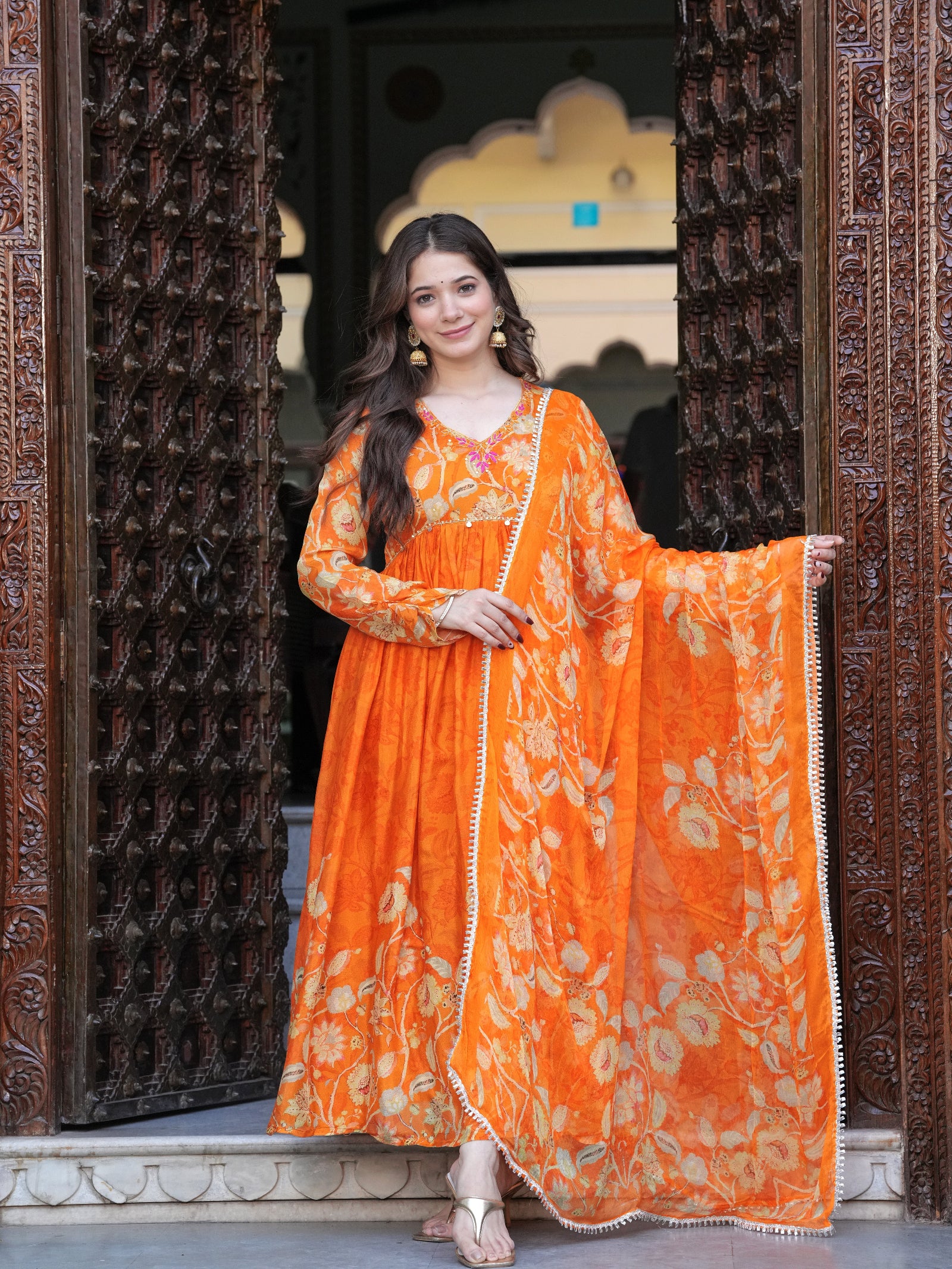 Maluka Women Orange Chinon Floral PrintedGown With Dupatta Set