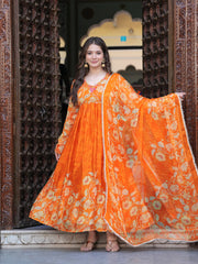 Maluka Women Orange Chinon Floral PrintedGown With Dupatta Set