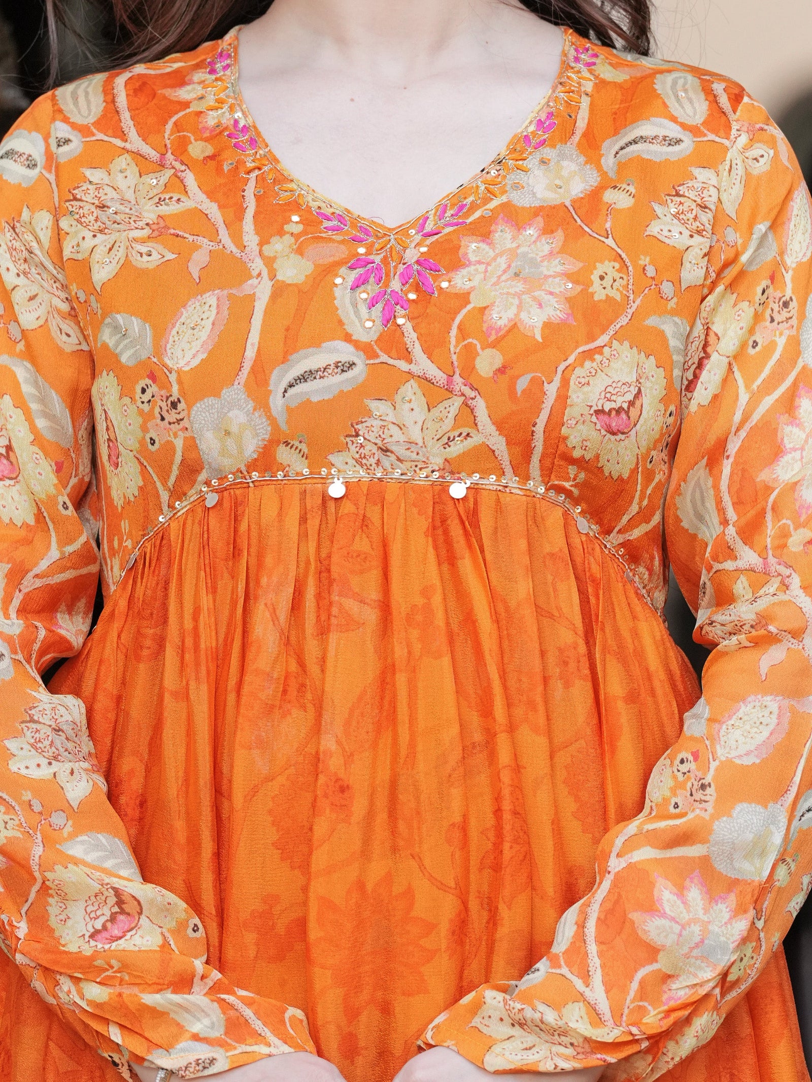 Maluka Women Orange Chinon Floral PrintedGown With Dupatta Set