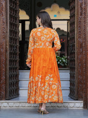 Maluka Women Orange Chinon Floral PrintedGown With Dupatta Set