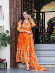Maluka Women Orange Chinon Floral PrintedGown With Dupatta Set