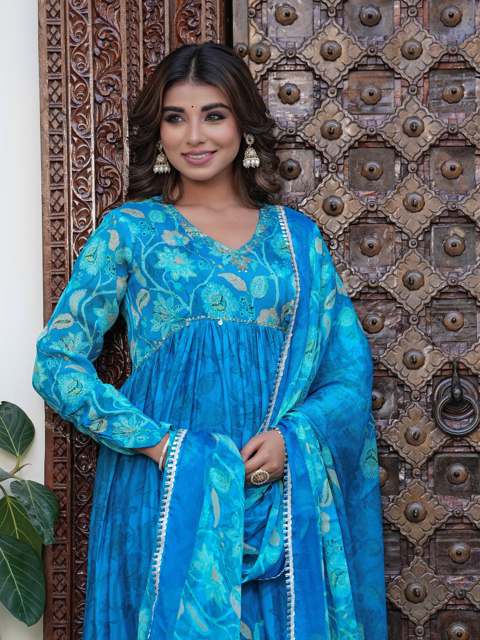 Maluka Women Blue Chinon Floral PrintedGown With Dupatta Set