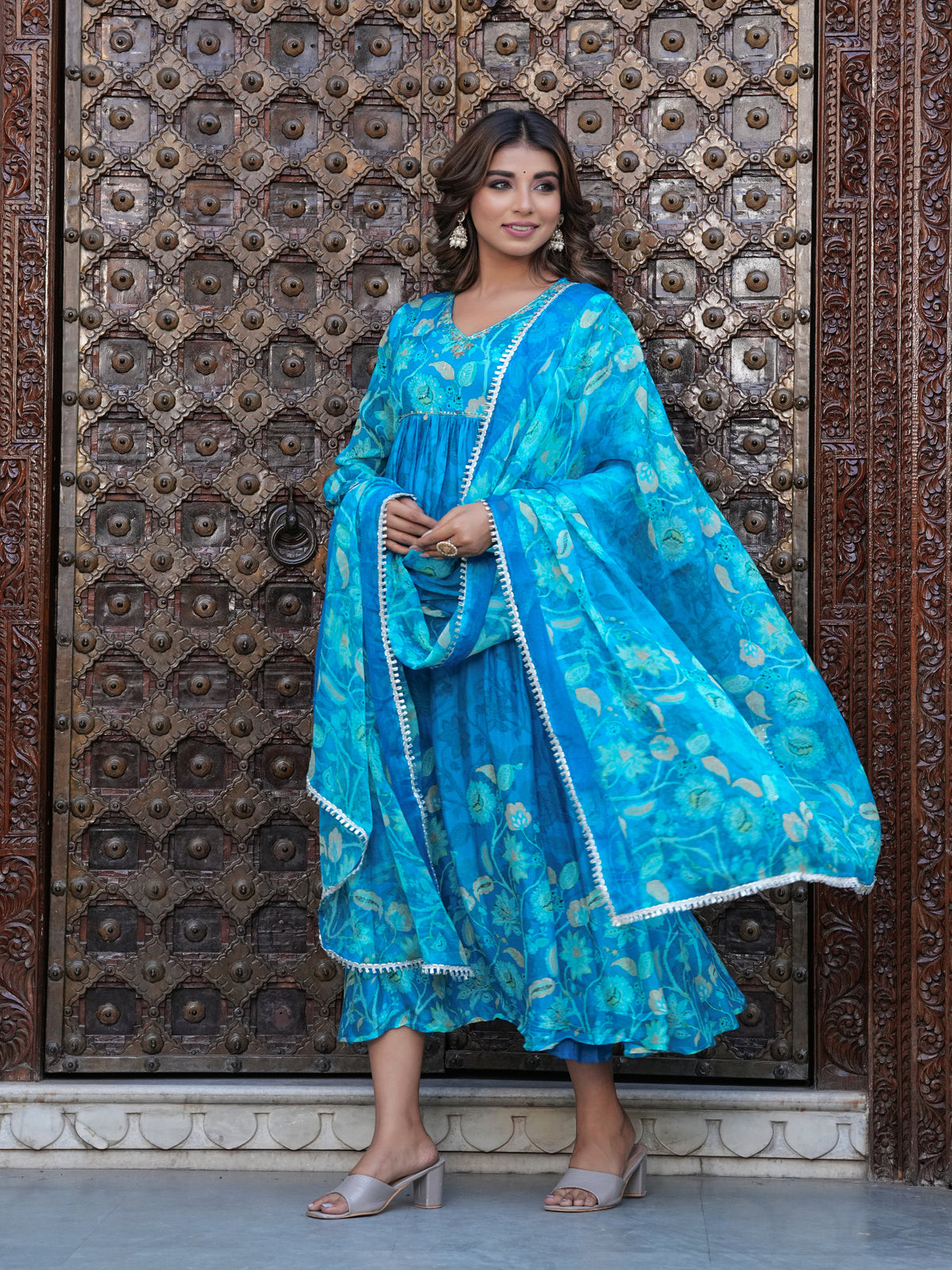 Maluka Women Blue Chinon Floral PrintedGown With Dupatta Set