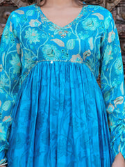 Maluka Women Blue Chinon Floral PrintedGown With Dupatta Set