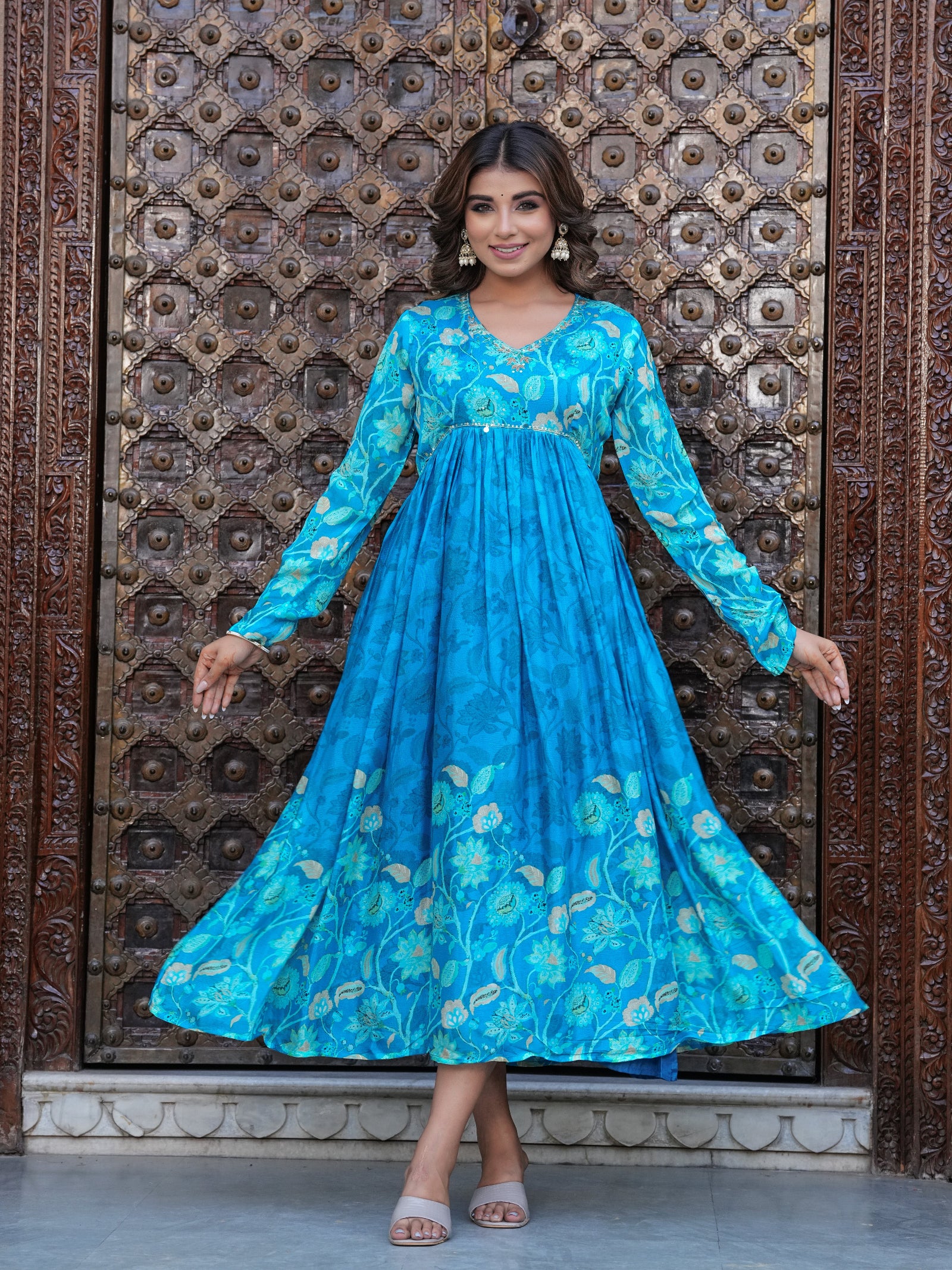 Maluka Women Blue Chinon Floral PrintedGown With Dupatta Set