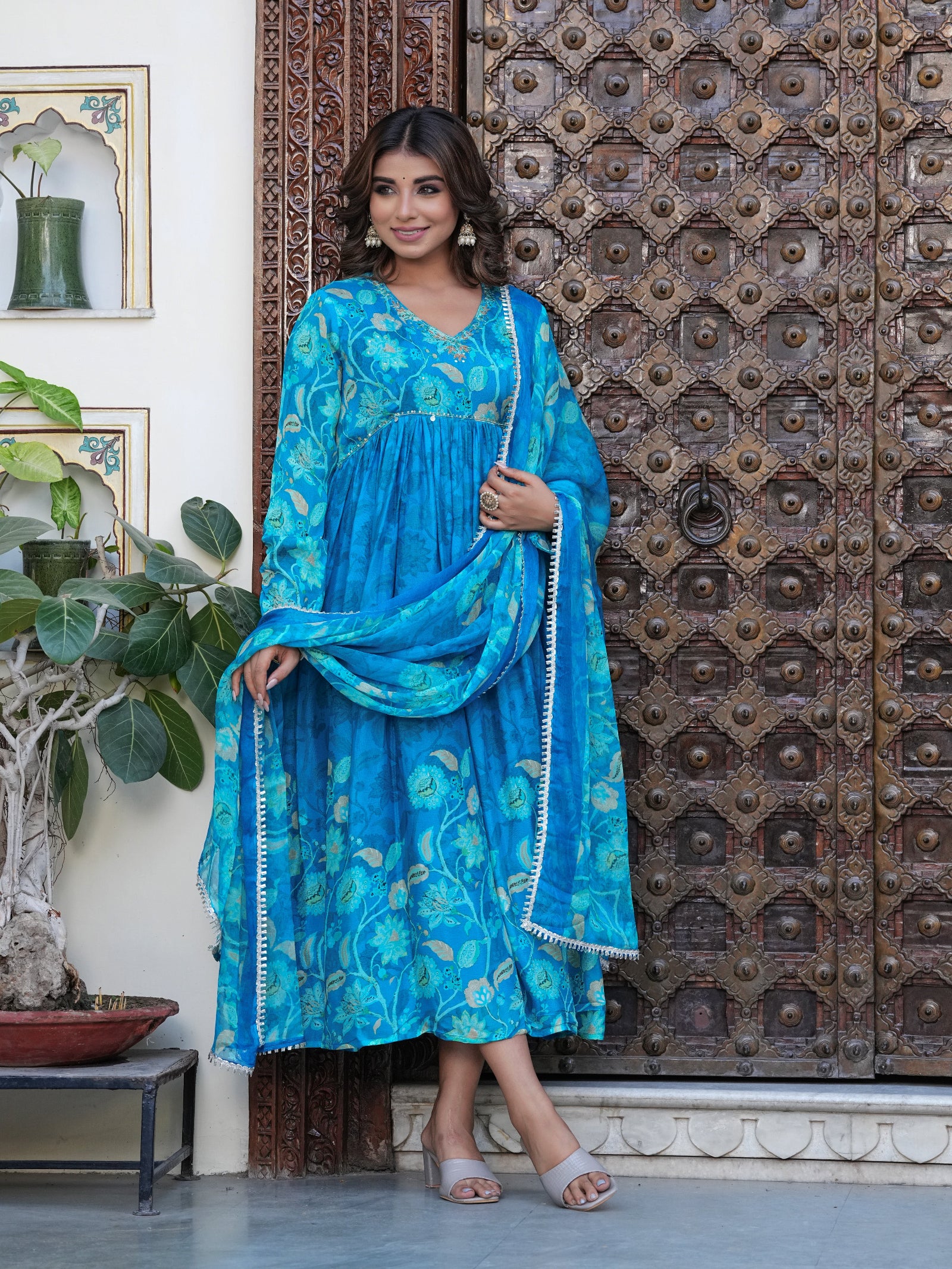 Maluka Women Blue Chinon Floral PrintedGown With Dupatta Set