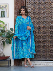 Maluka Women Blue Chinon Floral PrintedGown With Dupatta Set