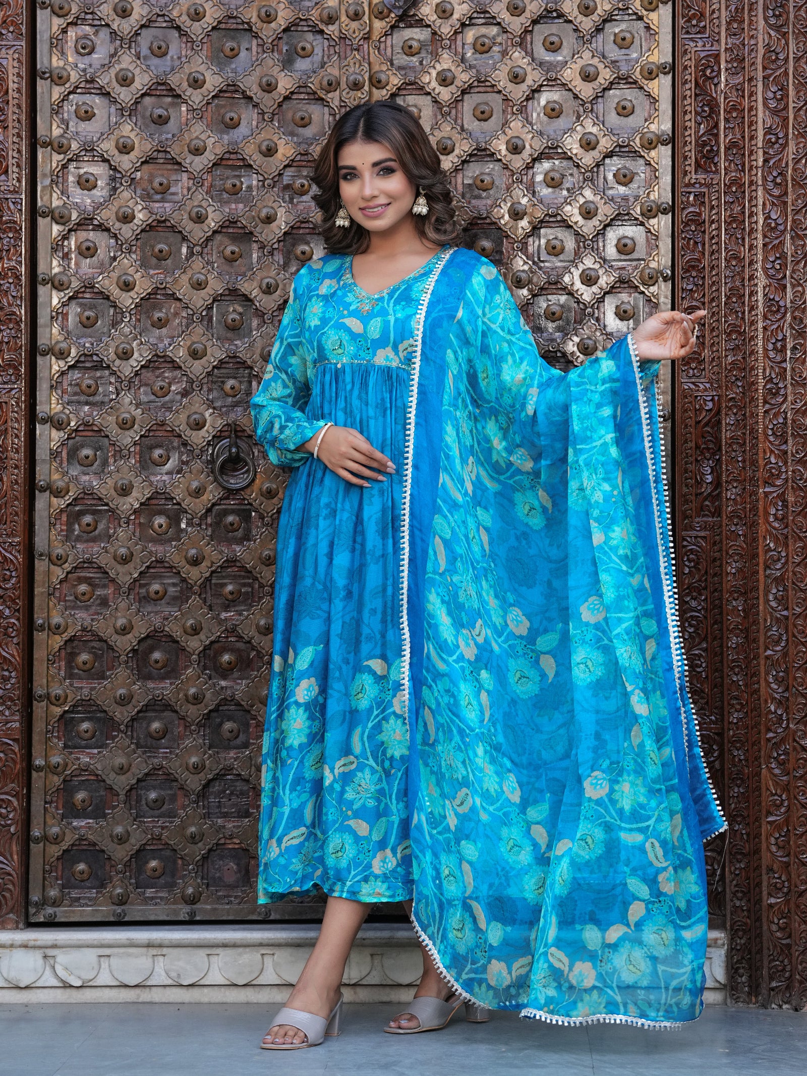 Maluka Women Blue Chinon Floral PrintedGown With Dupatta Set