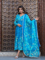 Maluka Women Blue Chinon Floral PrintedGown With Dupatta Set