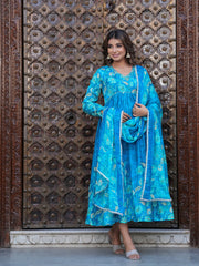 Maluka Women Blue Chinon Floral PrintedGown With Dupatta Set